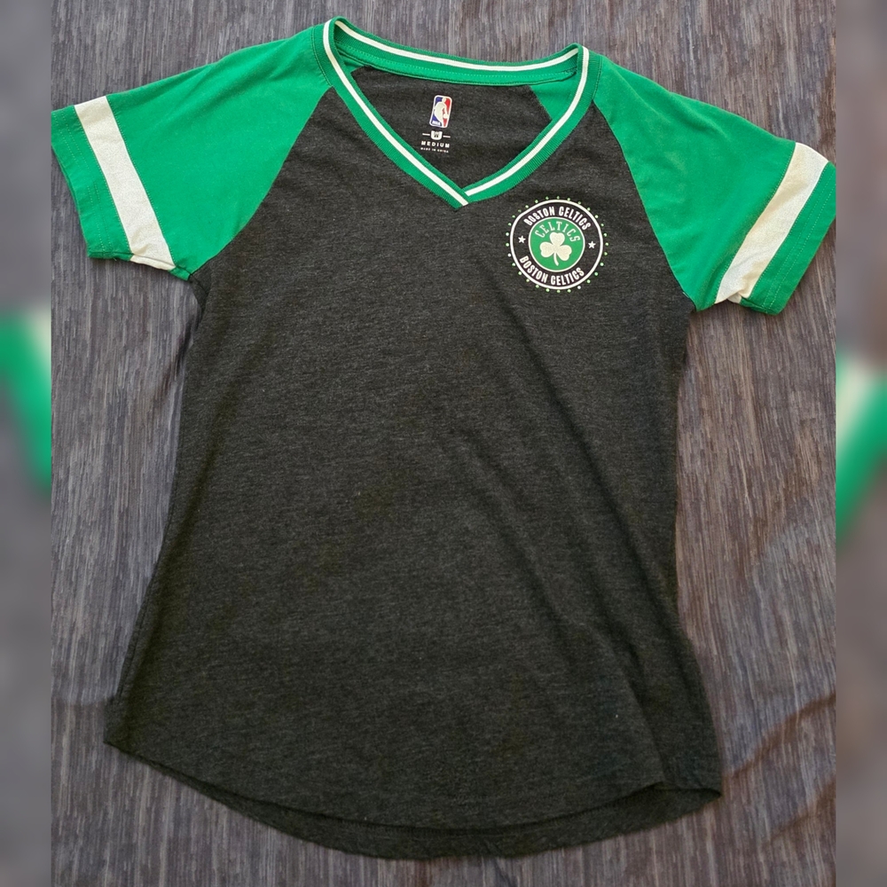 NBA Women's Green and Gray V-Neck Tee